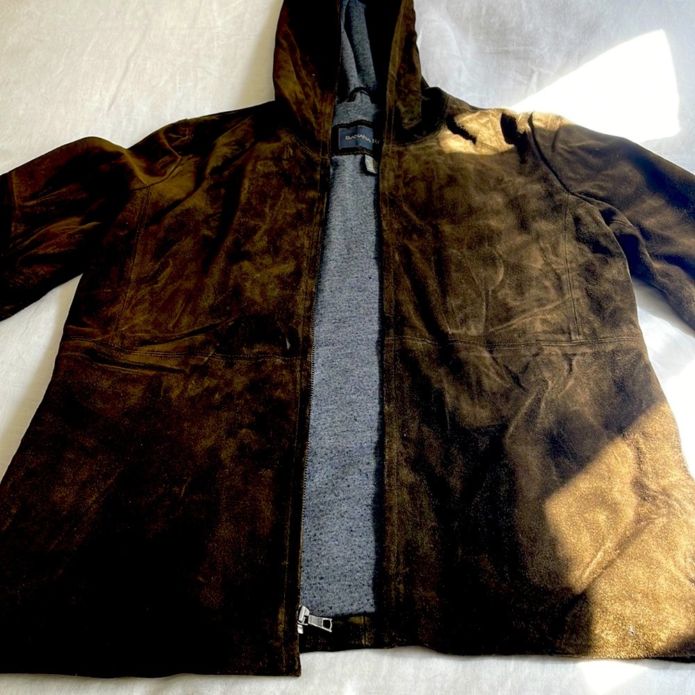MENS Vintage Banana Republic Fall Hooded Jacket, Brown Suede w/ soft grey lining